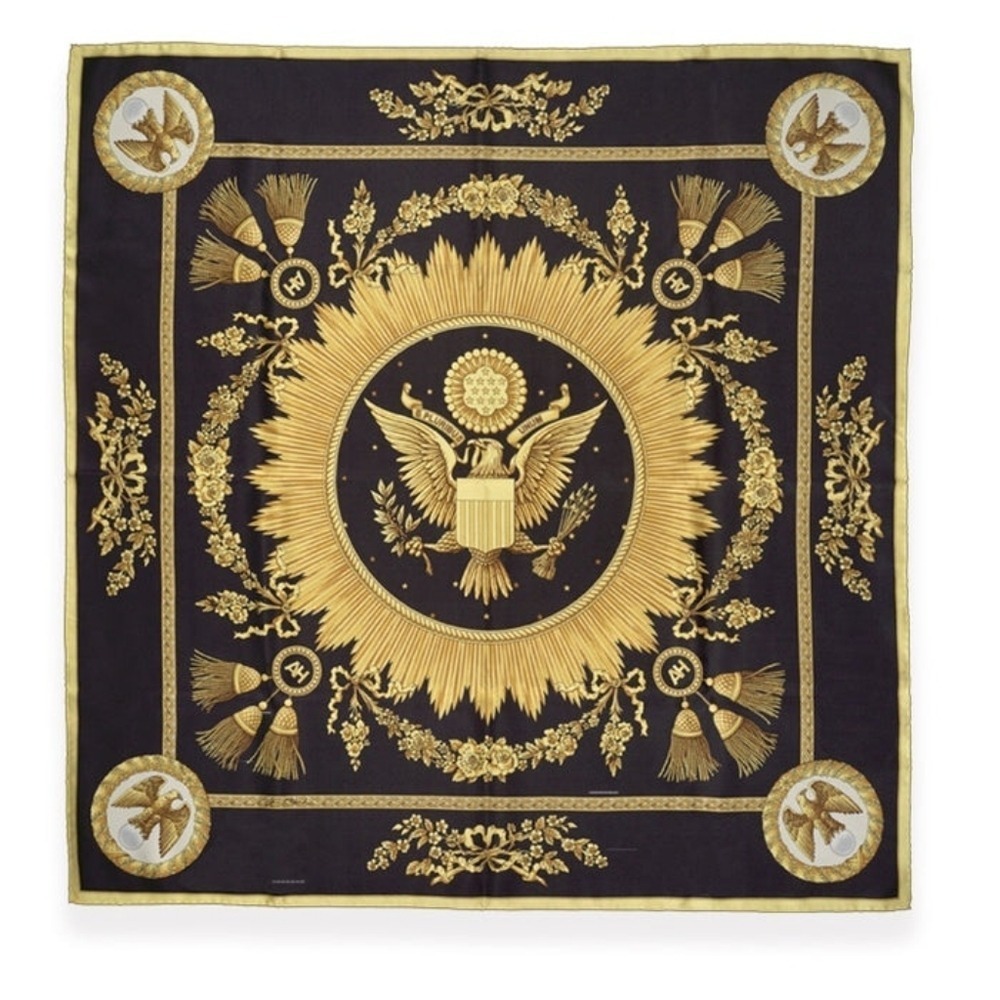 Ann Hand Great Seal Scarf Black Gold Italian Silk Hand‎ Rolled Hem 36x36